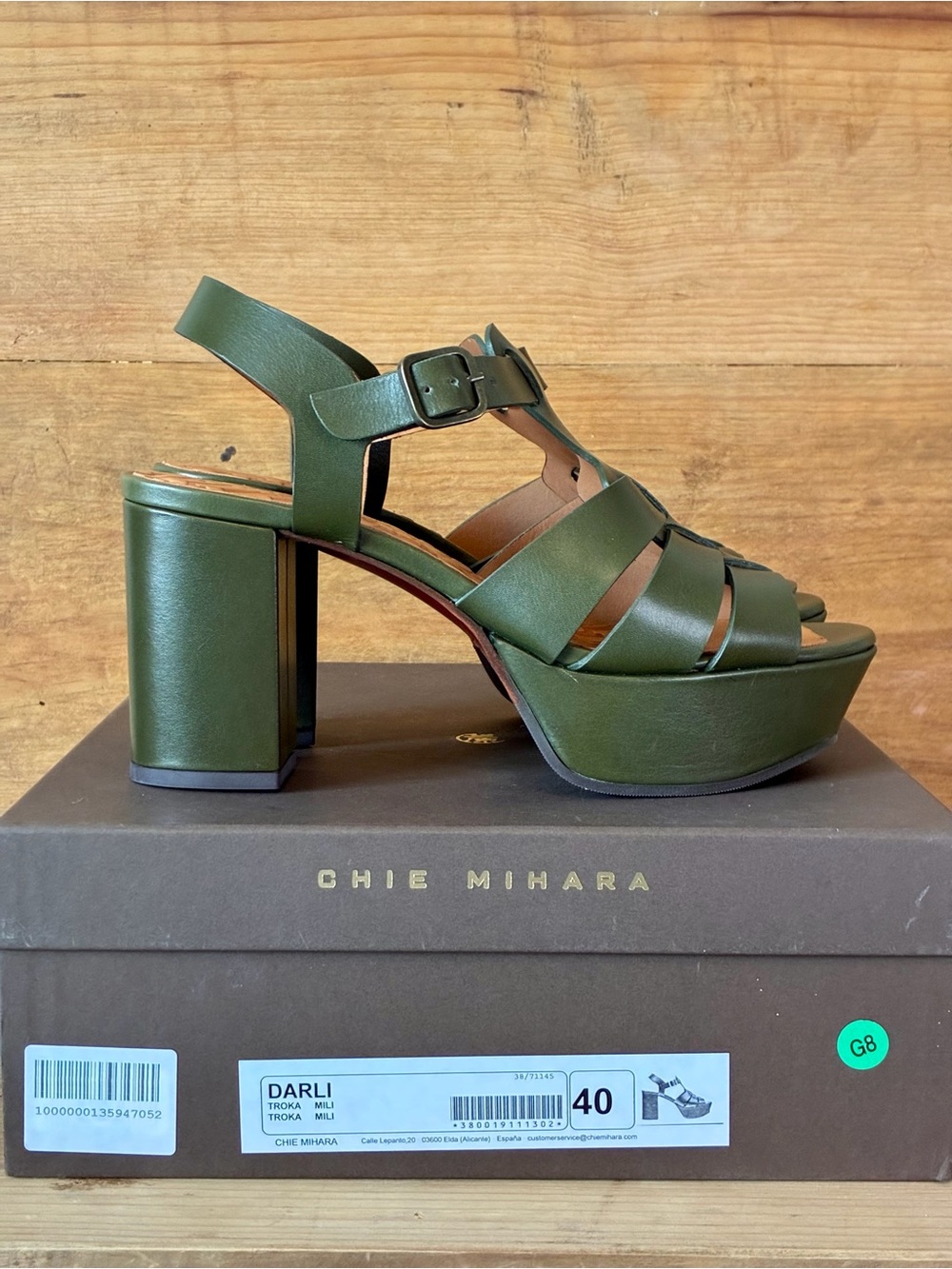 CHIE MIHARA High Heel Platform Fisherman Sandals Military Green Leather US 10